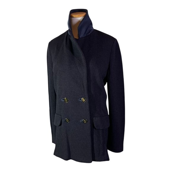 Vintage Austin Reed Size 4 Dark Navy Heavy Knit Double-Breasted Blazer Jacket - Picture 11 of 13